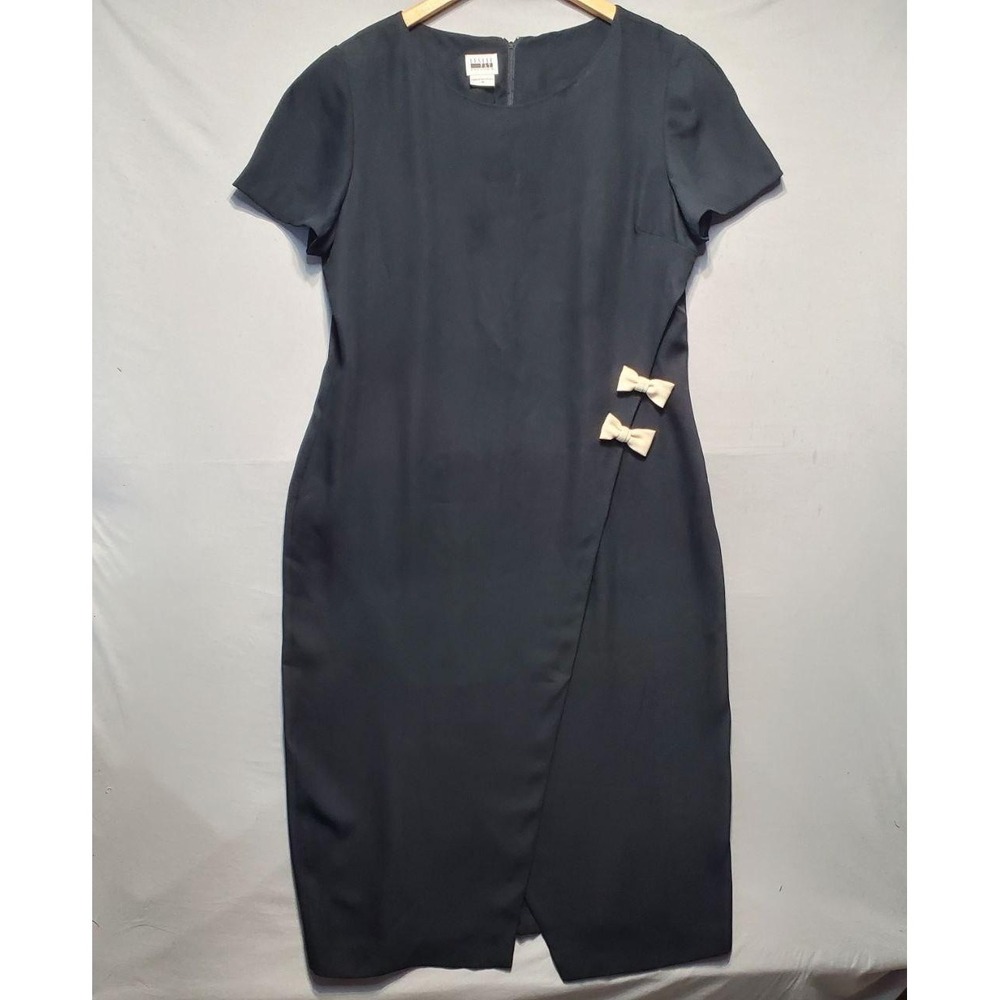 VTG Leslie‎ Fay Dress Womens 18 Black Sheath Short Sleeve Bow Accent Old Money